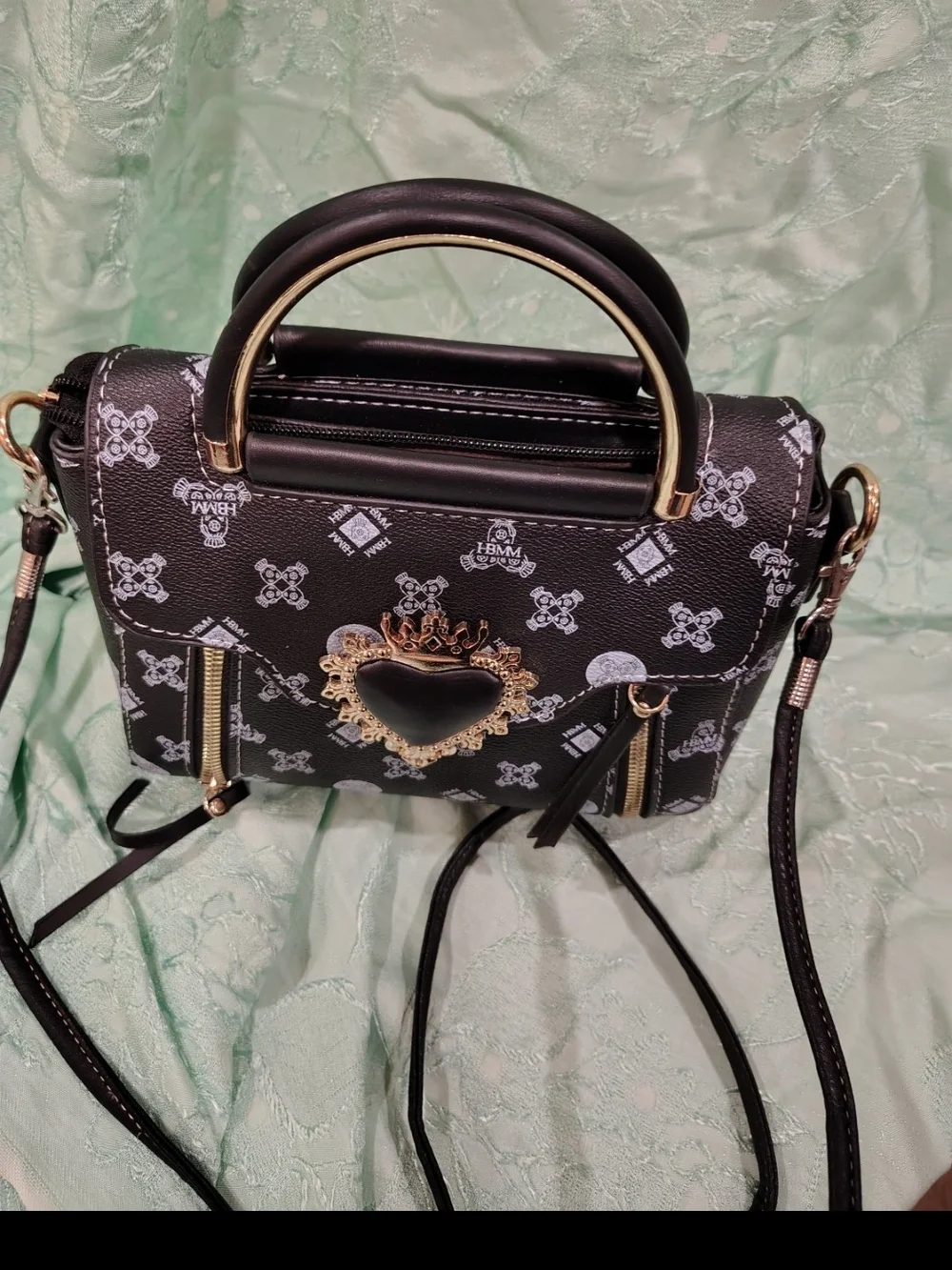 Black Heart Emblem Mini Satchel Handbag